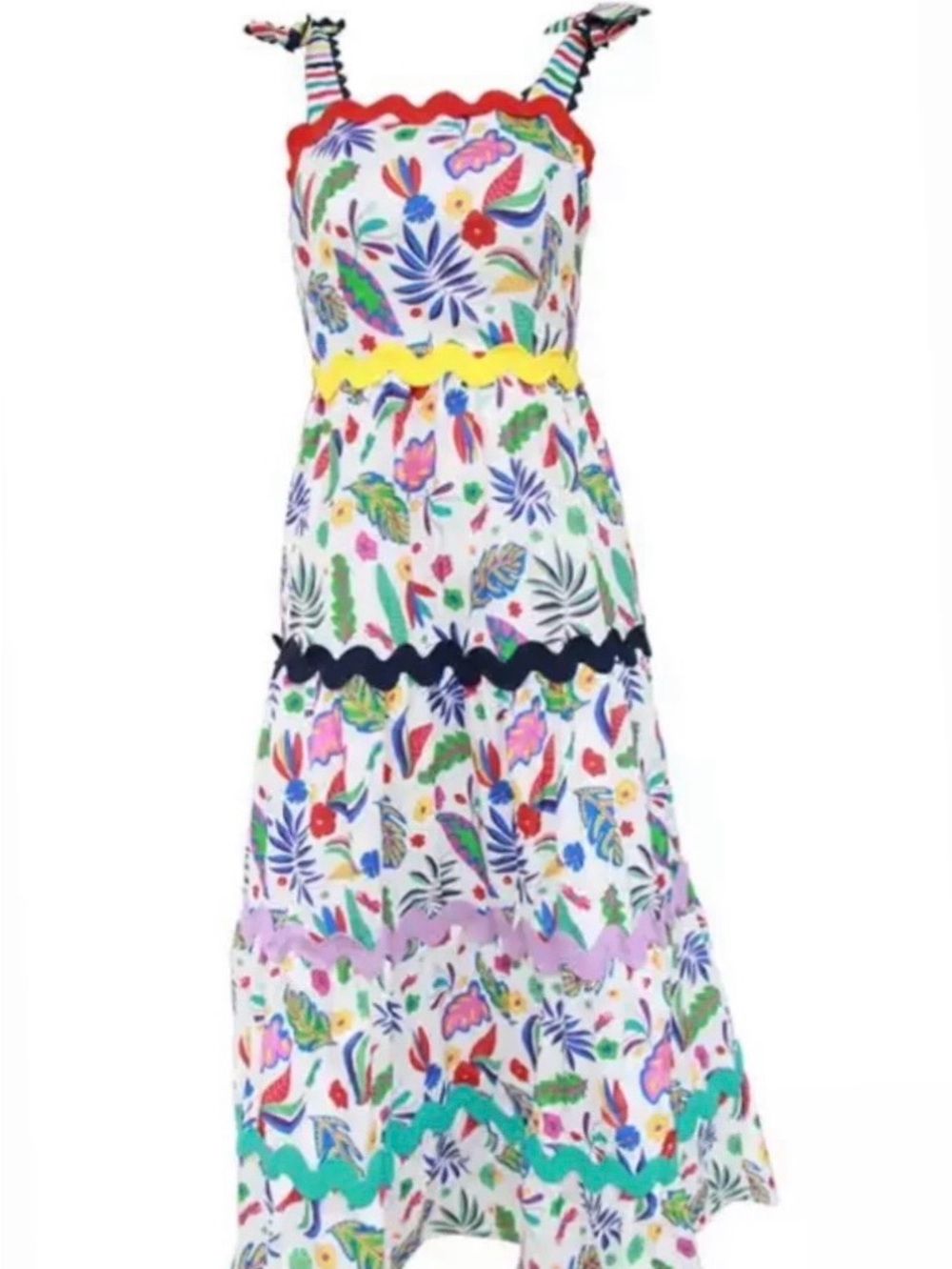 Multi Floral Maxi Dress with Decorative Trim